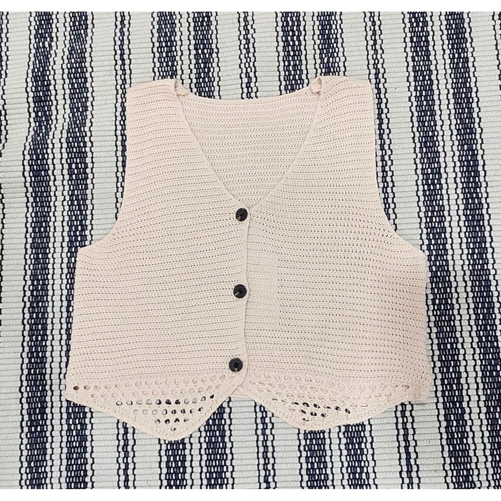 Cream Beige Crochet Knit Button Front Vest Pointelle Hem Sleeveless Top Small
